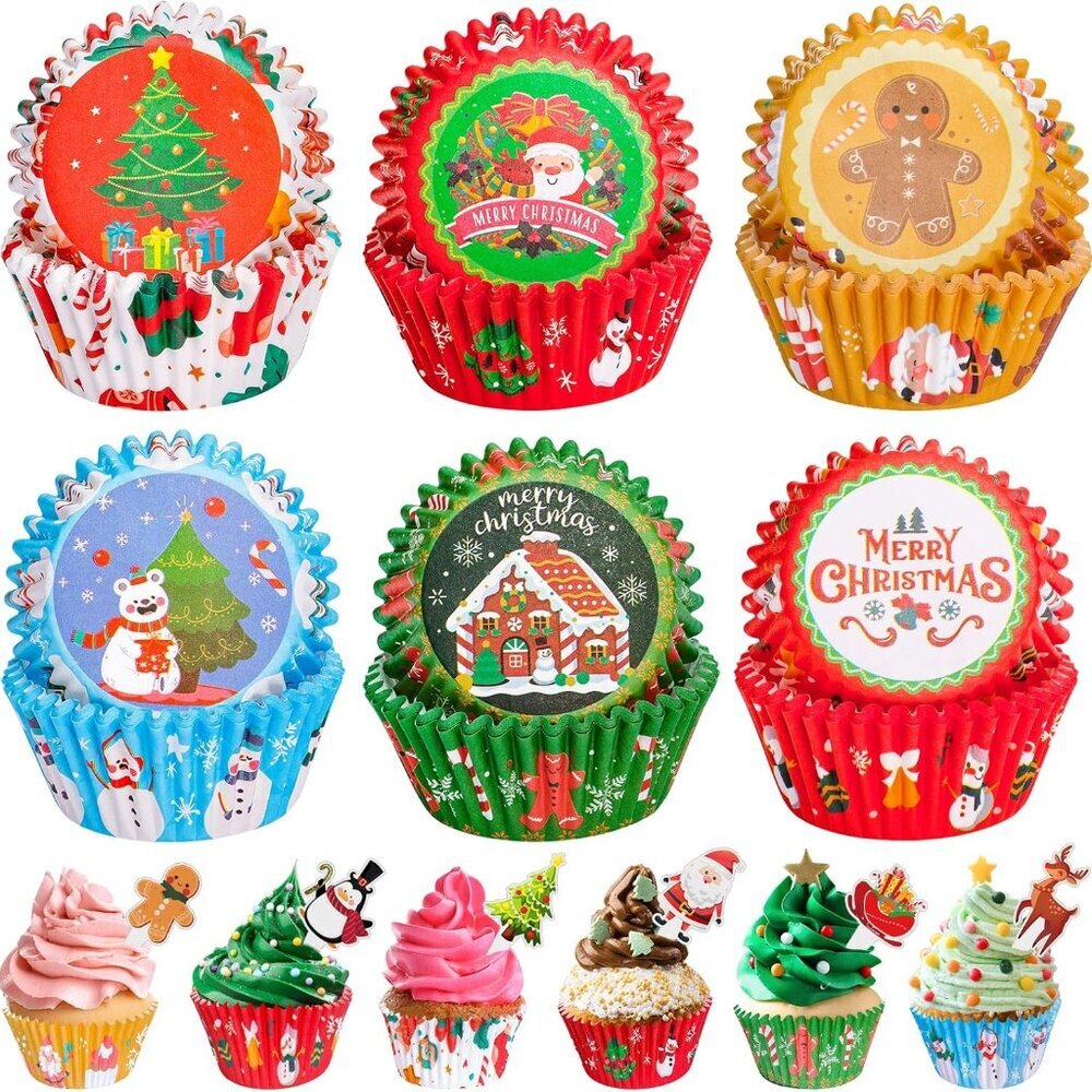 Christmas Cupcake Liners with Toppers Picks, Standard Wrappers Cupcake Disposabl